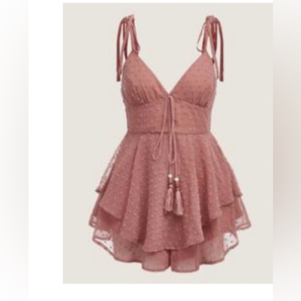 Swiss dot tie front layered hem cami romper